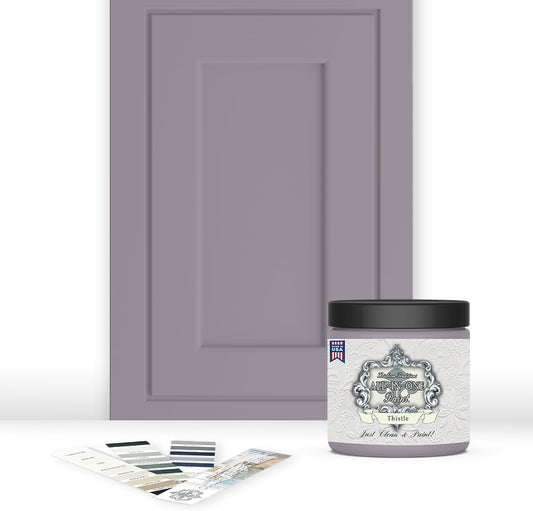 ALL-IN-ONE Paint, Durable cabinet and furniture paint. Built in primer and top coat, no sanding needed. Includes our 30 featured color card - Thistle (gray purple), 8oz Sample