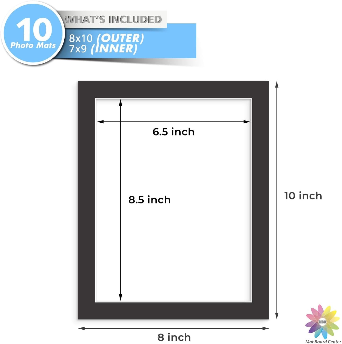 MBC MAT BOARD CENTER, 10 Pack 8x10 for 7x9 Black Picture Mats Frame Mattes, Bevel Cut, Acid Free, 4-ply Thickness