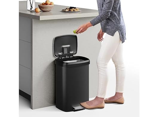 Garvee 13 gal / 50 L Plastic Trash Can with Lid, Large Garbage Can for Kitchen, Rustproof Step-on Kitchen Trash Bin with Liner Rim, Rear Handle, Soft Close Lid, Black