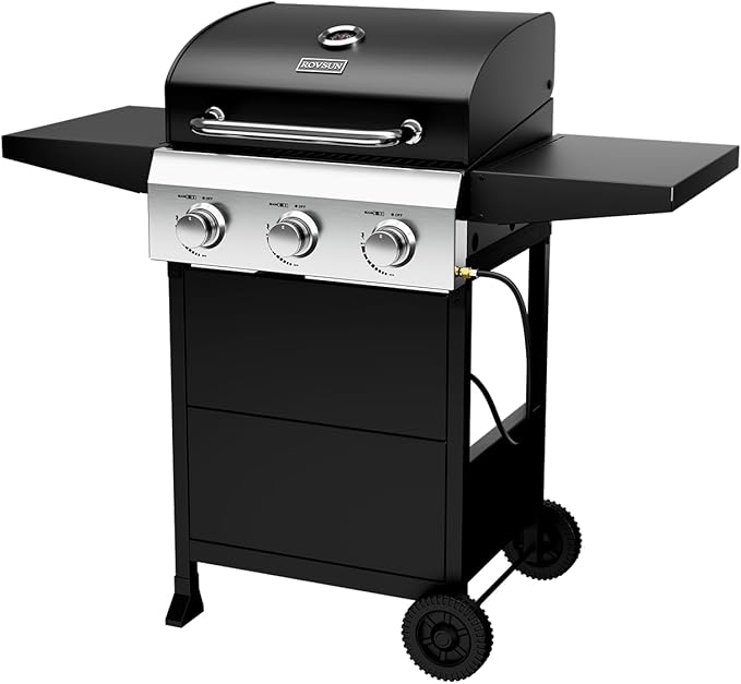 ROVSUN 3-Burner Propane Gas BBQ Grill with Foldable Side Tables & Enameled Cast Iron Grates, 36,000 BTU Barbecue Grill with Portable Wheels for Outdoor Patio Backyard Cooking Grilling, Black