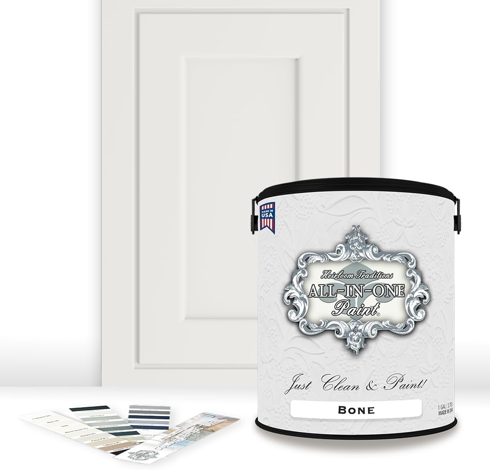 ALL-IN-ONE Paint, Durable cabinet and furniture paint. Built in primer and top coat, no sanding needed. Includes our 30 featured color card - Bone (off white), Gallon