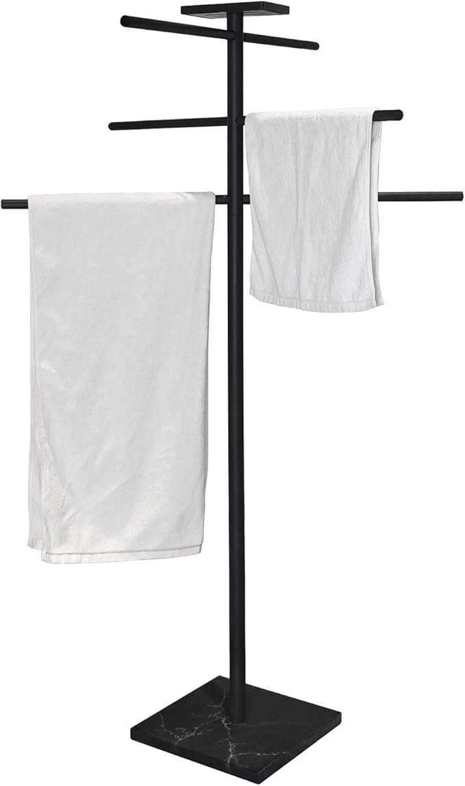 Hot Tub Towel Rack with Tray, 304 Stainless Steel 6 Arms Freestanding Swimming Pool Towel Holder,Black Marble Base Outdoor Bath Sheet Drying Bar for Spa, Hot Tub & Patio