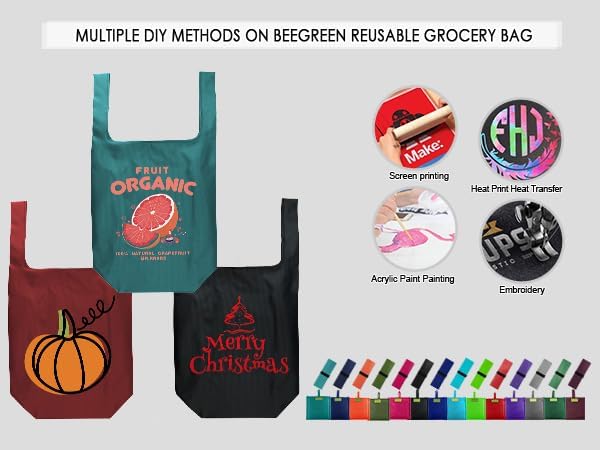BeeGreen Green Reusable Grocery Bags Wholesale Green Reusable Kitchen Bags Bulk Foldable-Machine Washable with Zipper Storage Pouch 10 Packs