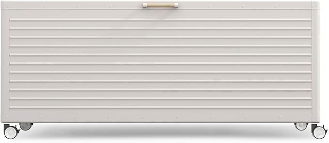 MIRADOR 281 Gallon Outdoor Storage Box Waterproof, Metal Deck Box with wheels for Patio Furniture, Garden Tools, Outdoor Cushion, Latte