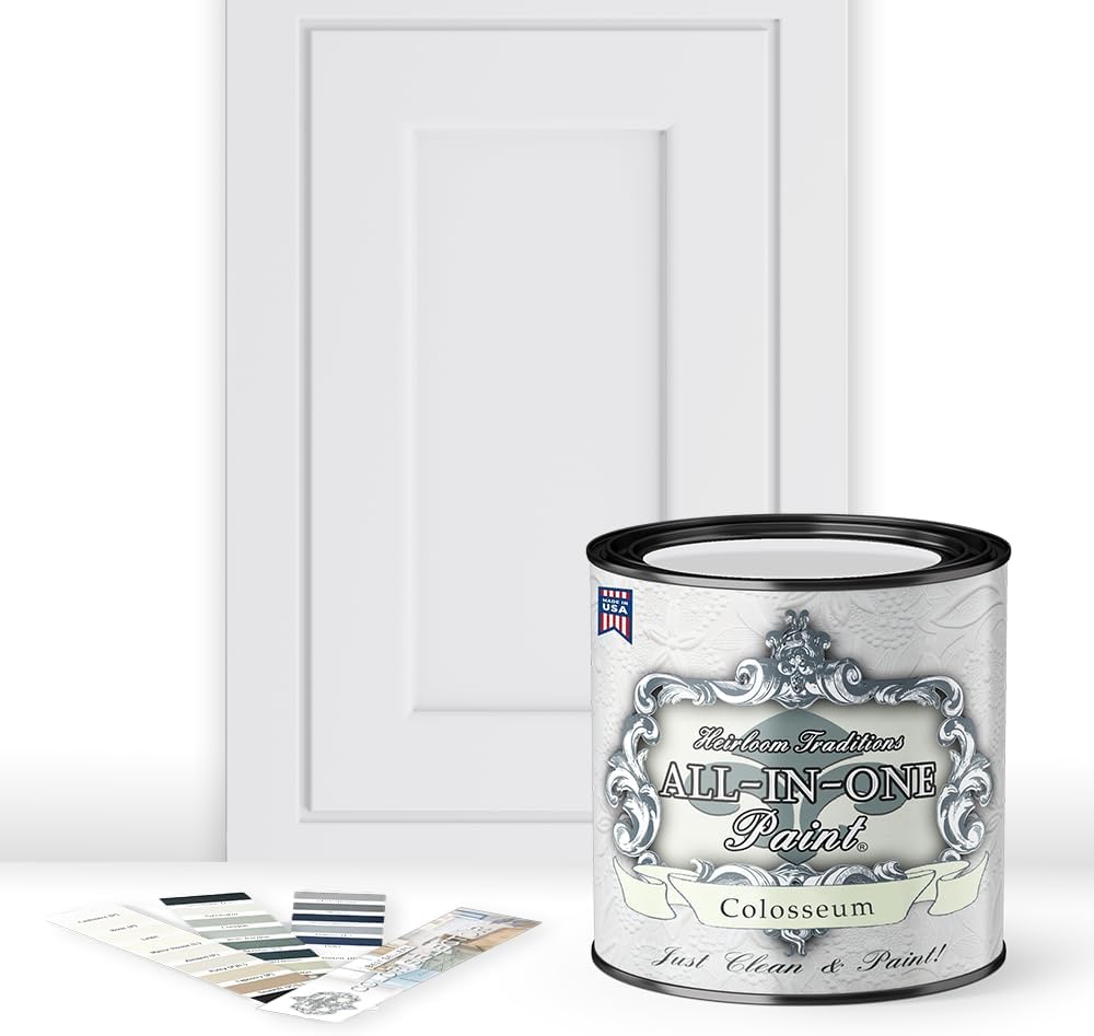 ALL-IN-ONE Paint, Durable cabinet and furniture paint. Built in primer and top coat, no sanding needed. Includes our 30 featured color card - Colosseum (white with subtle gray undertone), Gallon