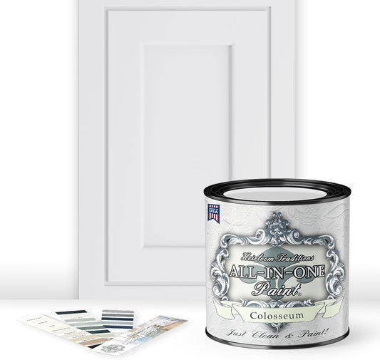 ALL-IN-ONE Paint, Durable cabinet and furniture paint. Built in primer and top coat, no sanding needed. Includes our 30 featured color card - Colosseum (white with subtle gray undertone), Quart