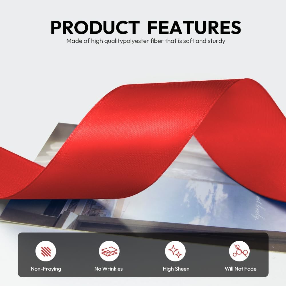 1-1/2 Inch 100 Yards Satin Ribbon Red, Solid Color Fabric Ribbon for Gift Wrapping, Wedding, Polyester Gift Ribbon for Birthday Party Decoration, Craft, Hair, Floral, Sewing