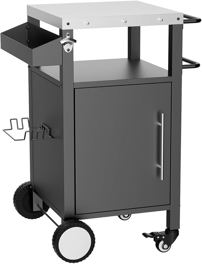 Outdoor Grill Cart with Storage, Stainless Steel Top, Movable Patio Kitchen Island, Rolling BBQ Cart, Dining Serving Cart for Family Party, Food and Others Prep Station, Black