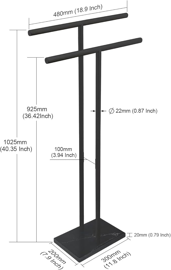 40 Inch Freestanding Towel Rack for Bathroom Floor Double-T Shape Bath Sheet Holder with Marble Design Base Standing Towel bar Next to Tub or Shower Towel Holder Stand SUS304 Matte Black