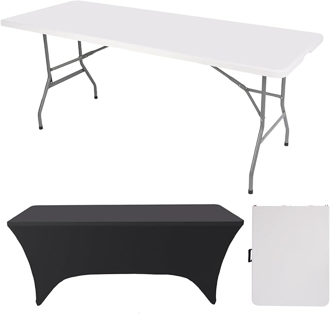 FWTI Deal 6 Feet Foldable Table & Tablecloth Set, Built in Carrying Handle & Alloy Steel Legs, Heavy Duty Portable for Party, Dining, Wedding, Picnic, Camping, Utility - White (Table&Tablecloth)
