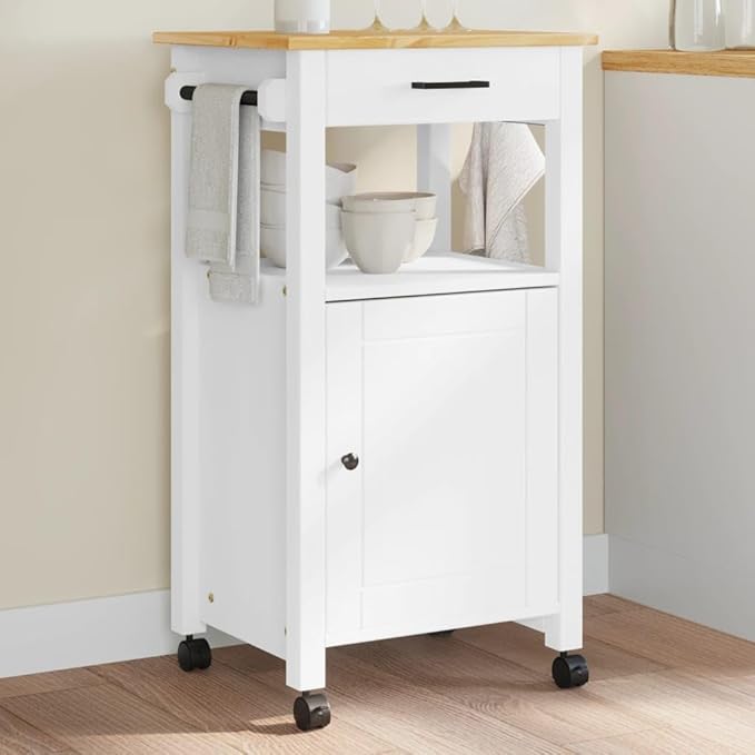 Kitchen Trolley Monza Rolling Kitchen Island Cart with Storage, Portable Dining Room Serving Utility Carts, White 18.9" x 15.7" x 35.4" Solid Wood Pine KH73A