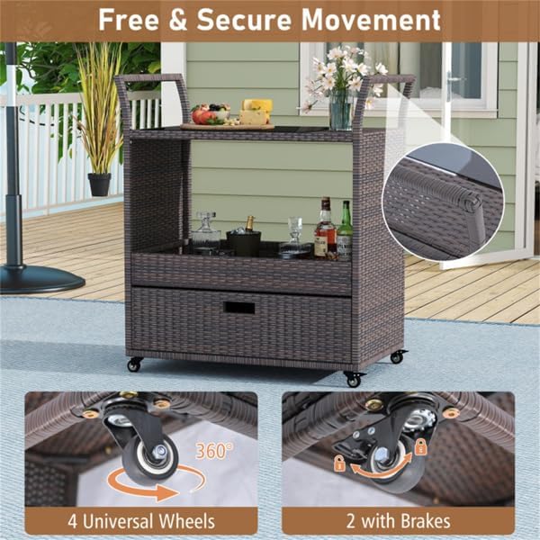 Outdoor Wicker Bar Cart with Drawer, PE Rattan Serving Trolley with Glass Top & Wheels, Mobile Beverage Station for Patio Garden Backyard Poolside, Brown