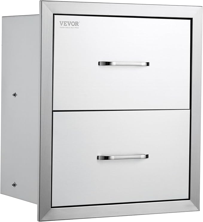 VEVOR Outdoor Kitchen Drawers, 17.8W x 20.2H x 12.2D Inch, Flush Mount Double BBQ Drawer, Stainless Steel BBQ Island with Handle, for Outdoor Kitchens or Patio Grill Station