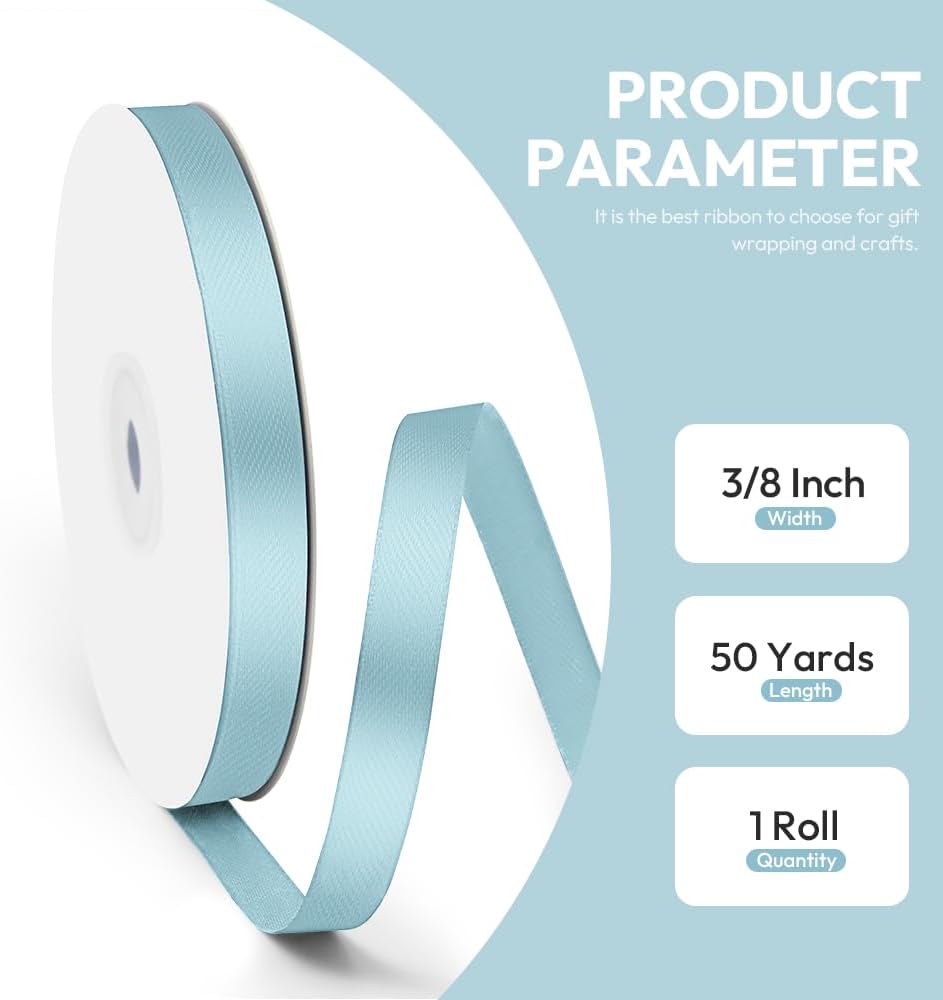 3/8" x 50 Yards Satin Ribbon - Light Blue Silk Ribbon with Spool - Ideal for Gift Wrapping, Floral Bouquets, Crafts, Wedding Party Decorations, Christmas and Sewing Projects