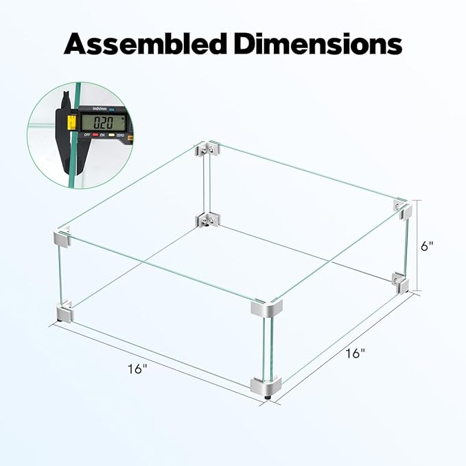 16" x 16" x 6" Glass Wind Guard for Propane Gas Fire Pit Table, Square Thick Tempered Glass Shield, Firepit Glass Barrier with Aluminum Corner Bracket & Rubber Feet