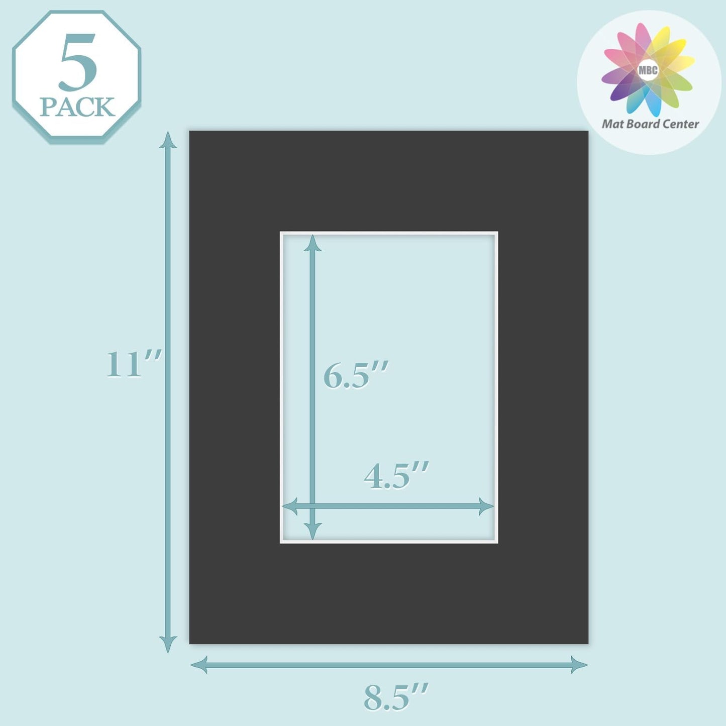 MBC Mat Board Center, 5 Pack 8.5X11 for 5X7 Black Picture Mats Frame Mattes, Bevel Cut, Acid Free, 4-Ply Thickness