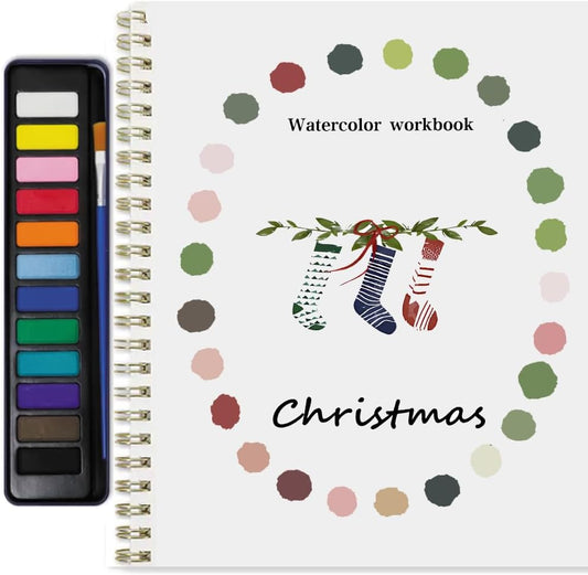 Beginner Watercolor Painting Kit Watercolor Workbook Coloring Book 12 Colors Paint Set with Brush,Easy Nature Scenes Beginner Friendly Watercolor Paint Set Gift for Adults Teens. (Christmas)