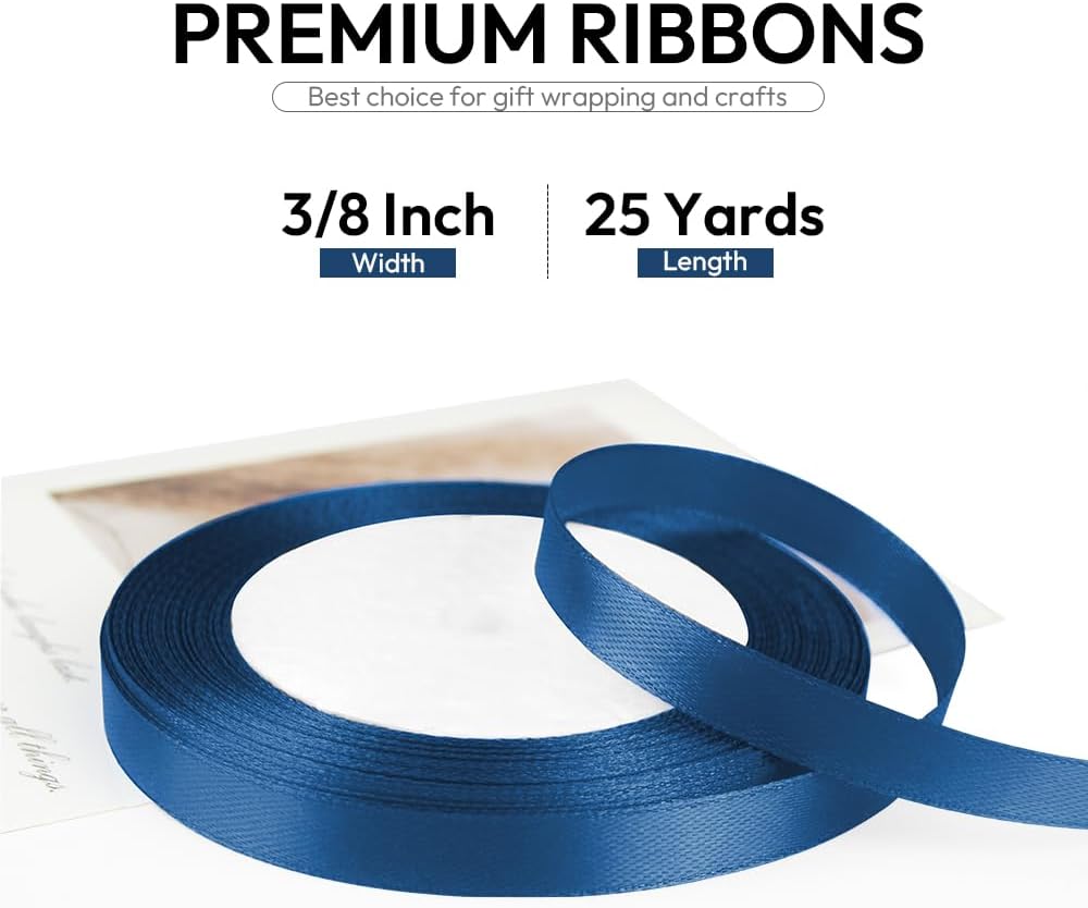 3/8 Inch 25 Yards Satin Ribbon Dark Blue, Solid Color Fabric Ribbon for Gift Wrapping, Wedding, Polyester Gift Ribbon for Birthday Party Decoration, Craft, Hair, Floral, Sewing