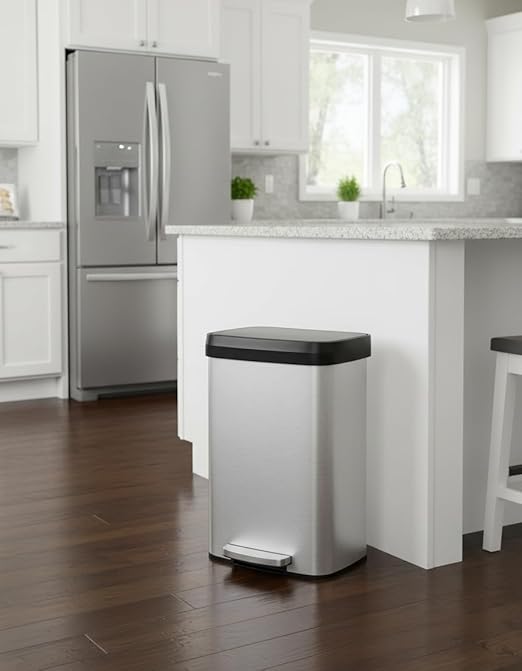Garvee 16 gal / 60 L Stainless Steel Trash Can with Lid, Large Garbage Can for Kitchen, Rustproof Step-on Kitchen Metal Trash Bin with Liner Rim, Rear Handle, Soft Close Plastic Lid, Silver