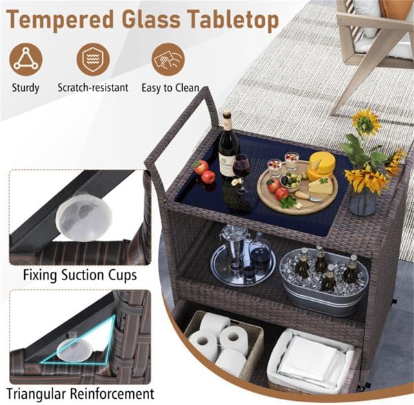 Outdoor Wicker Bar Cart with Drawer, PE Rattan Serving Trolley with Glass Top & Wheels, Mobile Beverage Station for Patio Garden Backyard Poolside, Brown