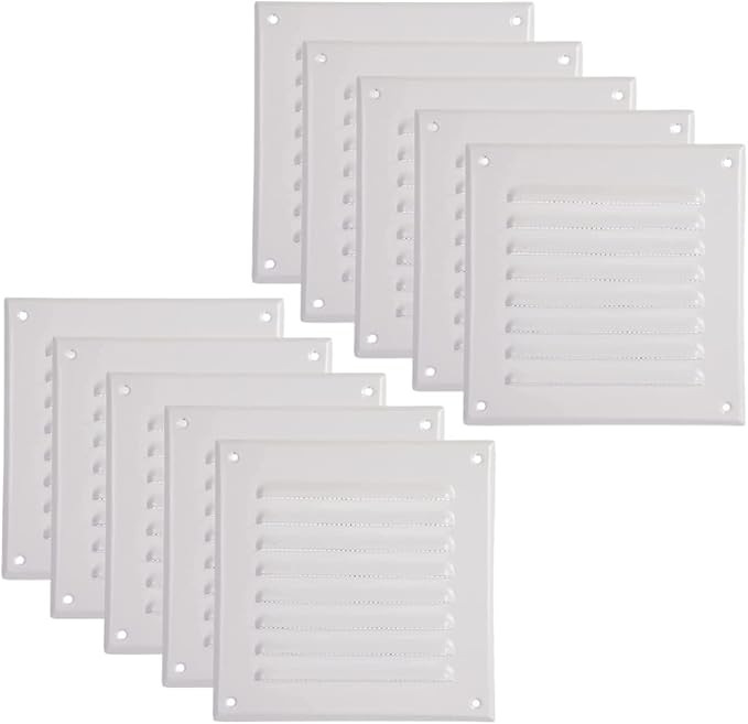 Vent Systems - 5 x 5 Inch (Inner) Pack of 10 White Metal Square Soffit Air Vent Grille Cover, Register Vent Deflector Louver Built-in Mesh HVAC for Bathroom Home Office Kitchen 6.5" x 6.5" (Outer)