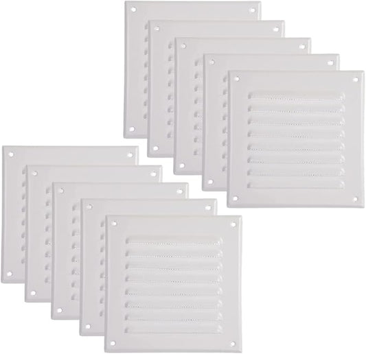 Vent Systems - 5 x 5 Inch (Inner) Pack of 10 White Metal Square Soffit Air Vent Grille Cover, Register Vent Deflector Louver Built-in Mesh HVAC for Bathroom Home Office Kitchen 6.5" x 6.5" (Outer)