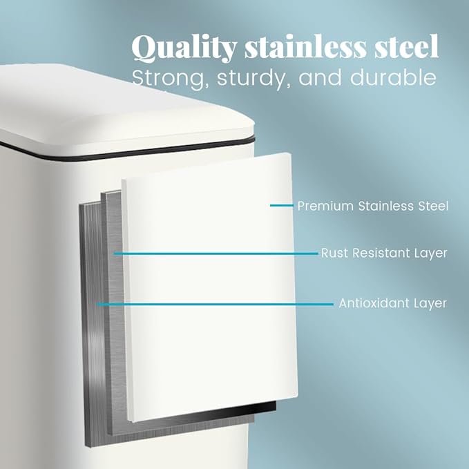 8 Gallon Trash Can with Lid, Stainless Steel Trash Can with Removal Inner Bucket, Soft Close & Stay Open, Step Trash Bin for Kitchen, Office, Laundry, Bathroom, 30 Liter Capacity, White