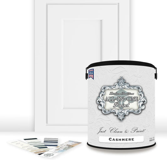 ALL-IN-ONE Paint, Durable cabinet and furniture paint. Built in primer and top coat, no sanding needed. Includes our 30 featured color card - Cashmere (true white), Gallon