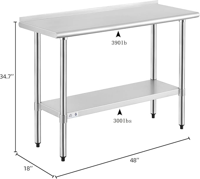 ROCKPOINT Stainless Steel Table for Prep & Work with Backsplash 18x48 Inches, NSF Metal Commercial Kitchen Heavy Duty Table with Adjustable Under Shelf and Table Foot for Restaurant, Home and Hotel