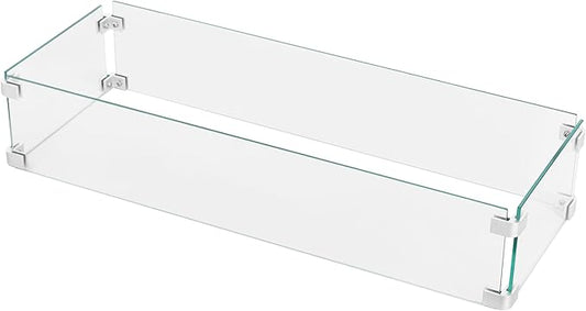 Nuu Garden Tempered Glass Wind Guard for Rectangular Propane Fire Pit Table 29 x 10 x 6 Inch, Durable Flame Guard Shield with Aluminum Alloy Corner Brackets for Outdoor Patio Gas Fire Table