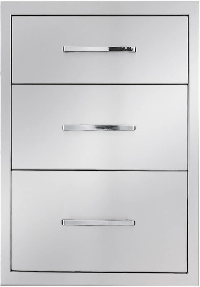 TIANAI Outdoor Kitchen Drawer 14" W x 21" H x 21" D Stainless Steel BBQ Drawer with Exquisite Handle Three-Opening Drawer for Embedded Installation