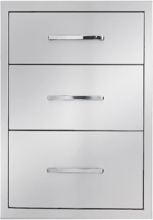 TIANAI Outdoor Kitchen Drawer 14" W x 21" H x 21" D Stainless Steel BBQ Drawer with Exquisite Handle Three-Opening Drawer for Embedded Installation