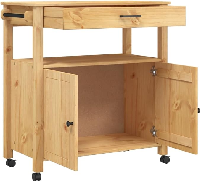 Kitchen Trolley Monza Rolling Kitchen Island Cart with Storage, Portable Dining Room Serving Utility Carts, Brown 33.1" x 15.7" x 35.4" Solid Wood Pine KH79A