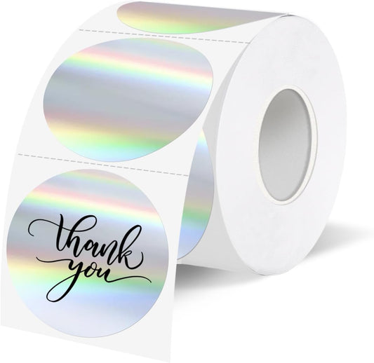 1.5" Holographic Direct Thermal Label Stickers, Round Printable Rainbow Glitter Thermal Printer Sticker Labels for Gift Wrapping, Self-Adhesive DIY Custom Logo Design- Silver