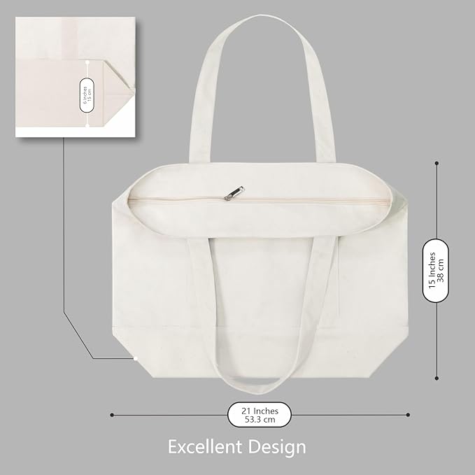 TOPDesign 1-Pack Canvas Tote Bag with an External Pocket, Reusable Grocery Shopping Bag, Top Zipper Closure, Daily Essentials (Natural)