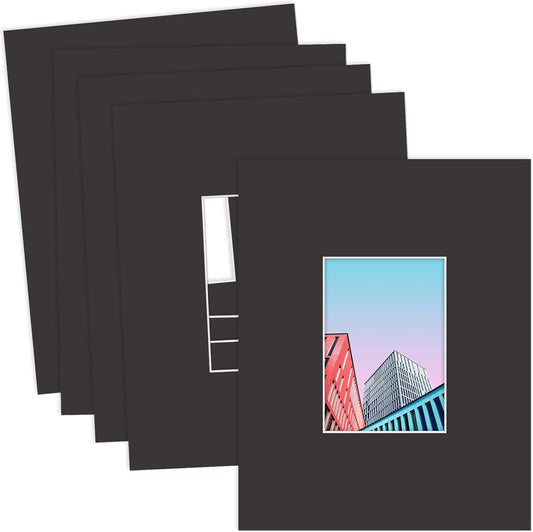 MBC MAT BOARD CENTER, 5 Pack 11x14 for 5x7 Black Picture Mats Frame Mattes, Bevel Cut, Acid Free, 4-ply Thickness