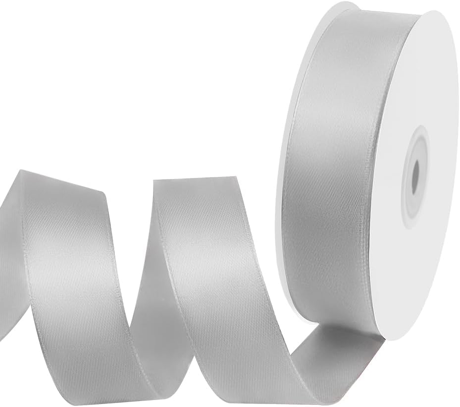 1" Width x 50 Yards Satin Fabric Ribbon, Silver Ribbon Perfect for DIY Bows, Swags, Gift Wrapping, Craft, Flower Bouquet，Christmas and Party Decoration