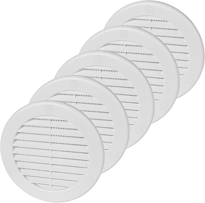 4 Inch [Opening] White Air Vent Cover – Pack of 5 – Plastic Round Air Vent Grill Cover for Wall or Ceiling, Built-in Mesh Screen/HVAC Return Air Register – Modern Louvered Design