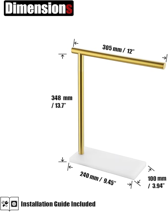 JQK Hand Towel Holder Stand Brushed Gold, Modern Tree Rack Free Standing for Countertop with 12 Inch Bar, 304 Stainless Steel Thicken 0.8mm White Base, HTT170-WG
