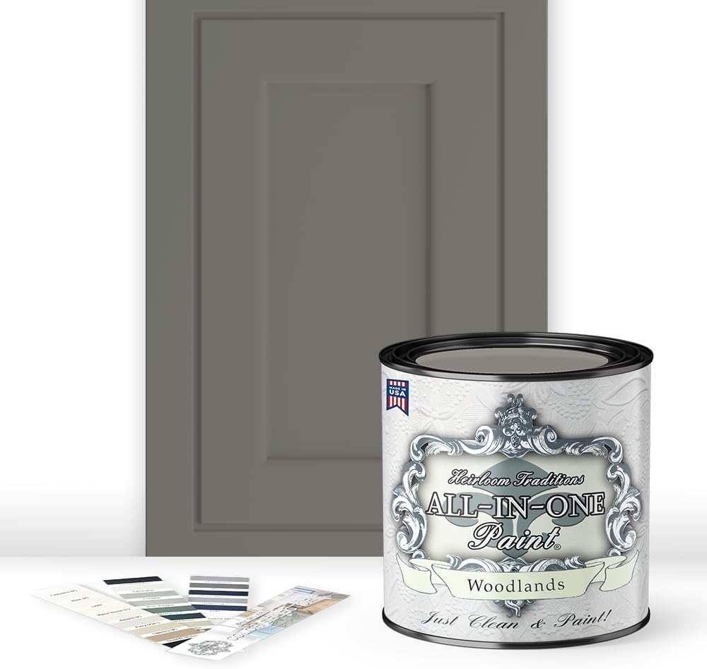 ALL-IN-ONE Paint, Durable cabinet and furniture paint. Built in primer and top coat, no sanding needed. Includes our 30 featured color card - Woodlands (muted, earthy, mossy green), Quart