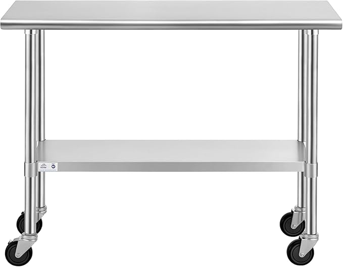 ROCKPOINT Stainless Steel Table for Prep & Work with Caster Wheels 18x48 Inches, NSF Metal Commercial Kitchen Heavy Duty Table with Adjustable Under Shelf and Table Foot for Restaurant, Home and Hotel