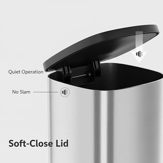 Garvee Stainless Steel Trash Can, 50 L/13 gal Hands Free Garbage Can with Soft Close Lid and Foot Pedal, Metal Kitchen Waste Bin with Inner Bucket for Living Room, Office, D Shape, Silver
