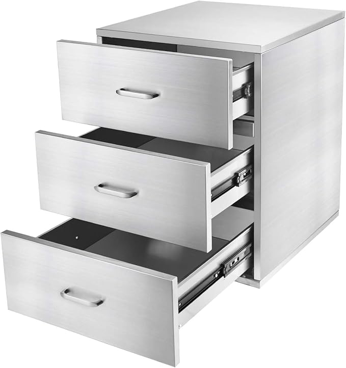 JIEJIN Outdoor Kitchen Drawers Stainless Steel Triple BBQ Island Drawer Flush Mount Outdoor Kitchen Cabinets with Handles with Wheels for Outdoor Kitchens or BBQ Island Patio Grill Station, Silver