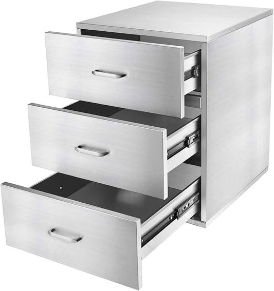 JIEJIN Outdoor Kitchen Drawers Stainless Steel Triple BBQ Island Drawer Flush Mount Outdoor Kitchen Cabinets with Handles with Wheels for Outdoor Kitchens or BBQ Island Patio Grill Station, Silver