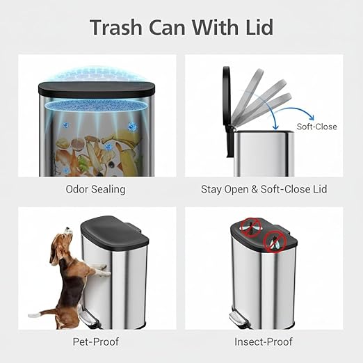 Garvee Stainless Steel Trash Can, 50 L/13 gal Hands Free Garbage Can with Soft Close Lid and Foot Pedal, Metal Kitchen Waste Bin with Inner Bucket for Living Room, Office, D Shape, Silver