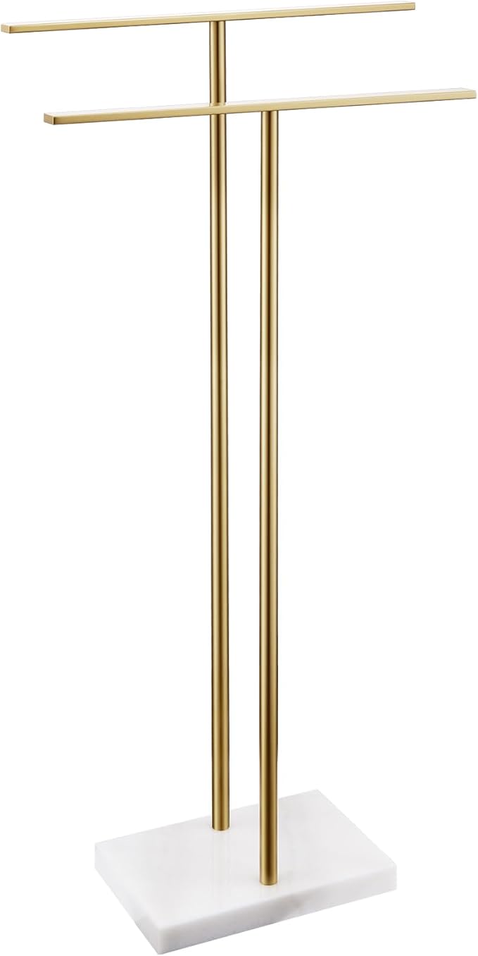 Standing Towel Rack for Bathroom 2-Tier Towel Holder Free Stand with Heavy Marble Base Gold Thicken Steady Design Stainless Steel AN7001GD