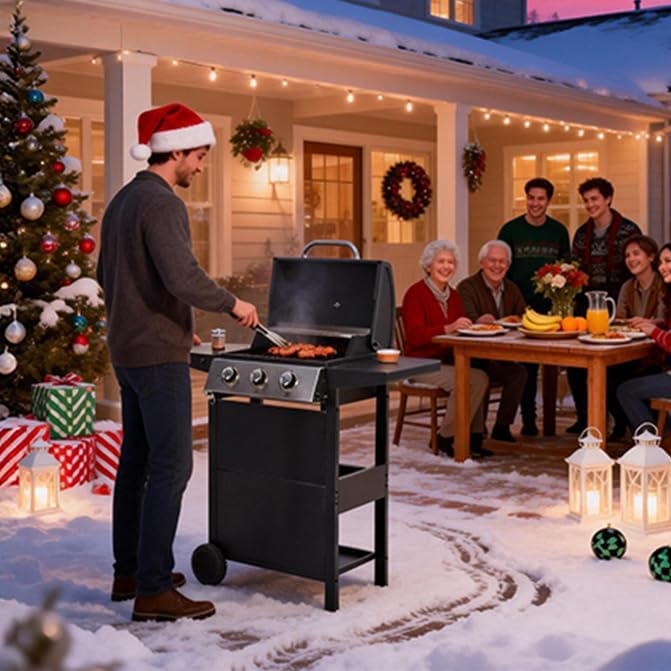 Endark 26,000 BTU 3-Burner Propane Grill with stainless steel design, enamel grates, built-in thermometer, and movable side rack. Ideal for all outdoor cooking