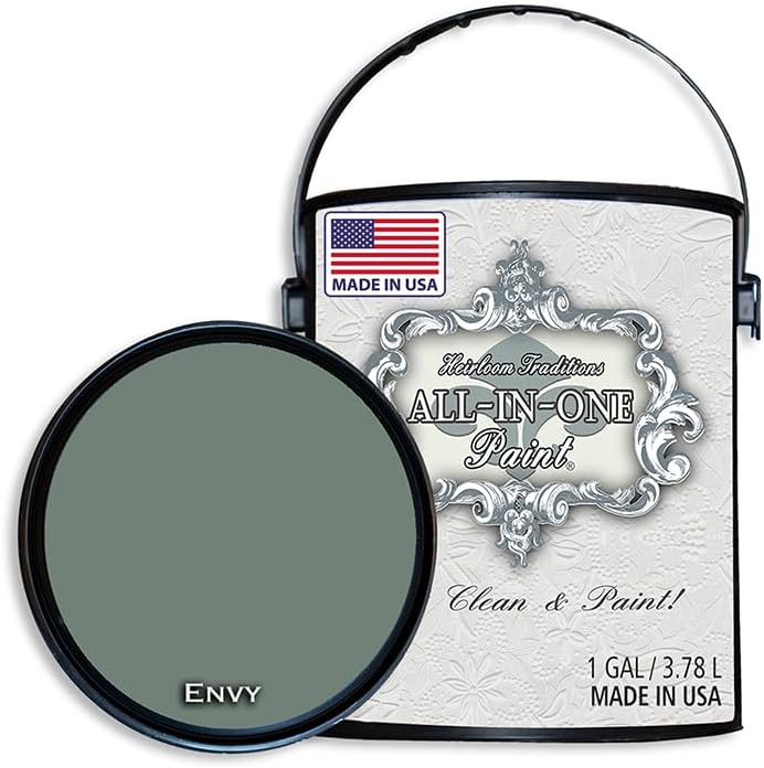 ALL-IN-ONE Paint, Durable cabinet and furniture paint. Built in primer and top coat, no sanding needed. Includes our 30 featured color card - Envy (slate green), Gallon