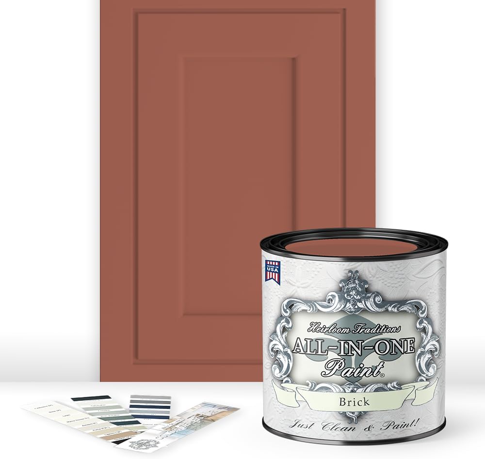 ALL-IN-ONE Paint, Durable cabinet and furniture paint. Built in primer and top coat, no sanding needed. Includes our 30 featured color card - Brick (burnt cinnamon), Quart