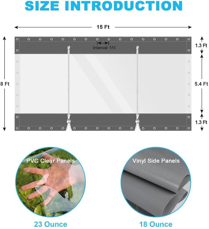 Clear Vinyl Curtains with Zippered Entry, 23oz Heavy Duty Waterproof Anti-UV and Tear-Resistant Tarpaulin with Grommets, Weatherproof Panels for Porch, Pergola, Gazebo, Balcony, Patio, Enclosure